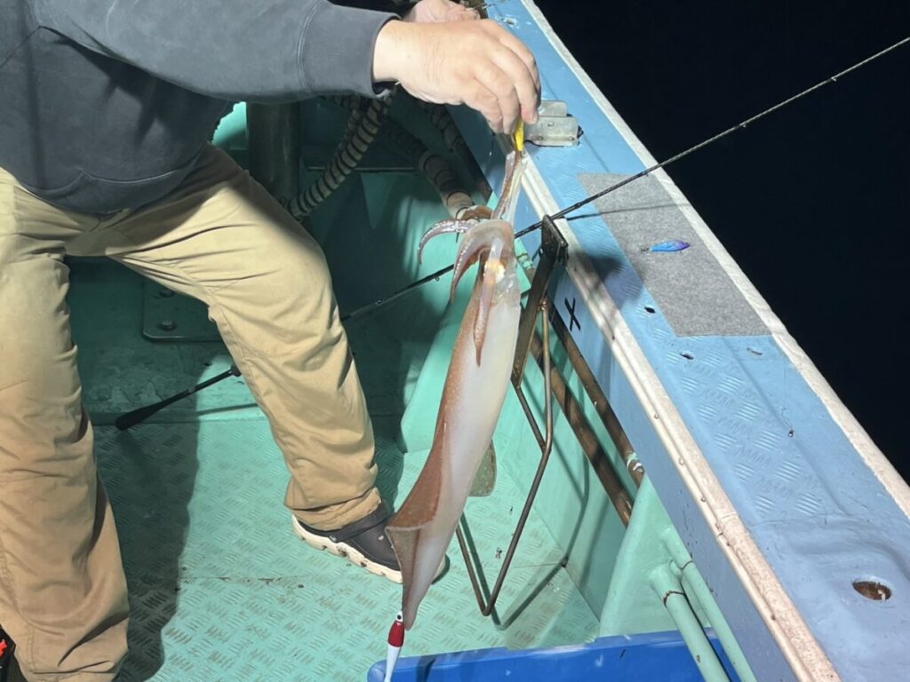 船の上で、釣り糸を手にした人物がいます。釣り針には大きなイカがかかっています。