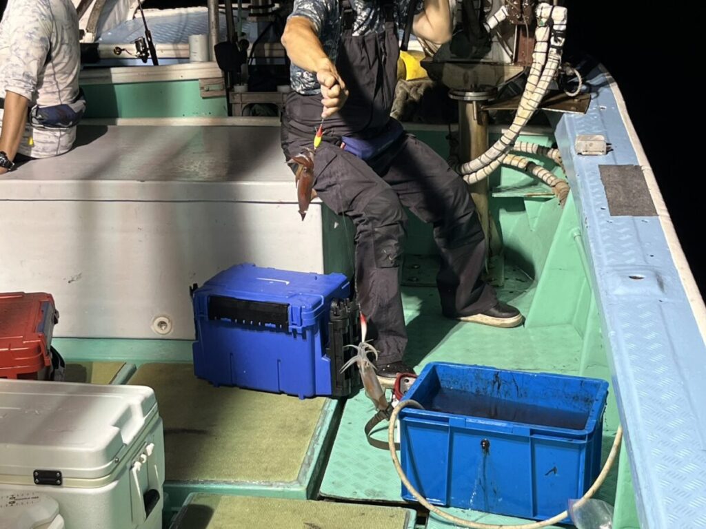 釣り上げたケンサキイカを手にする釣り客。若潮丸の夜焚きイカ釣り